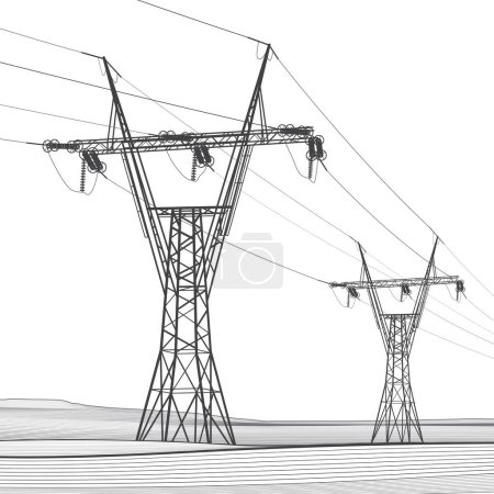 Illustration for High voltage transmission systems. Electric pole. Power lines. A network of interconnected electrical. City scene. Black otlines on white background. Vector design illustration - Royalty Free Image