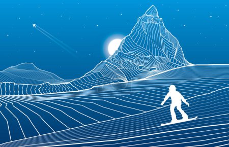 Illustration for Mountains outline illustration. Matterhorn. Night desert landscape. Snowboarder riding. Snow peaks. Moon and stars. Vector design art - Royalty Free Image