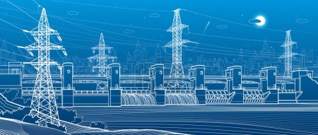 Illustration for Hydro power plant. River Dam. Renewable energy sources. High voltage transmission systems. Electric pole. Power lines. City infrastructure industrial illustration. Vector design art - Royalty Free Image
