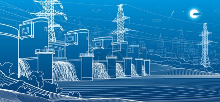 Illustration for Hydro power plant. River Dam. Renewable energy sources. High voltage transmission systems. Electric pole. Power lines. City infrastructure industrial illustration. Vector design art - Royalty Free Image