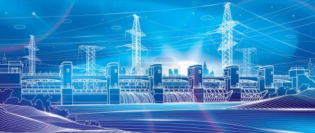 Illustration for Hydro power plant. River Dam. Renewable energy sources. Neon glow. High voltage transmission systems. Electric pole. Power lines. City energy infrastructure industrial illustration. Vector design art - Royalty Free Image