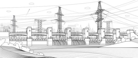 Illustration for Hydro power plant. River Dam. Renewable energy sources. High voltage transmission systems. Electric pole. Power lines. City infrastructure industrial outline illustration. Vector design art - Royalty Free Image