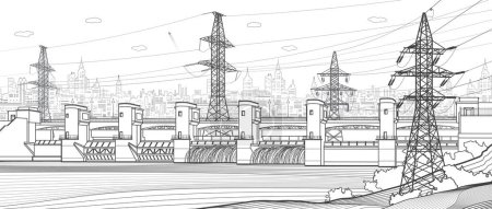 Illustration for Hydro power plant. River Dam. Renewable energy sources. High voltage transmission systems. Electric pole. Power lines. City infrastructure industrial outline illustration. Vector design art - Royalty Free Image