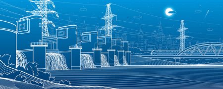 Illustration for Hydro power plant. River Dam. Renewable energy sources. High voltage transmission systems. Power lines. Train rides on bridge. City infrastructure industrial illustration. Vector design art - Royalty Free Image
