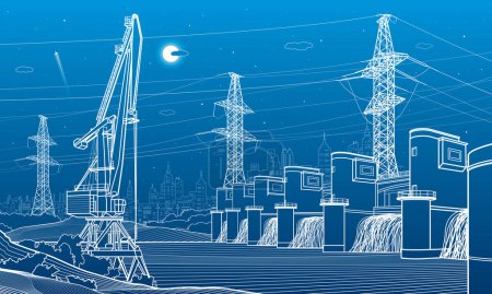 Illustration for Hydro power plant. River Dam. Renewable energy sources. Cargo crane. High voltage transmission systems. Electric pole. Power lines. City infrastructure industrial illustration. Vector design art - Royalty Free Image