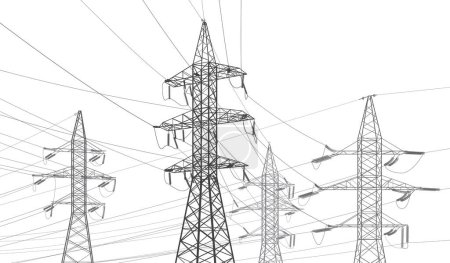 Illustration for High voltage transmission systems. Electric pole. Power lines. Black outlines image. A network of interconnected electrical. Vector design illustration - Royalty Free Image