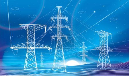 Illustration for High voltage transmission systems. Electric pole. Neon glow. Energy pylons. Power lines. A network of interconnected electrical. White otlines on blue background. Vector design illustration - Royalty Free Image
