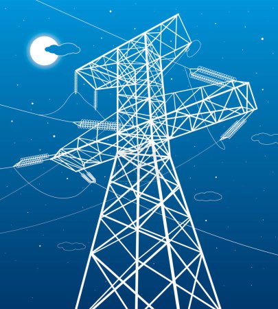 Illustration for High voltage transmission systems. Electric pole. Energy pylons. Power lines. A network of interconnected electrical. White otlines on blue background. Vector design illustration - Royalty Free Image