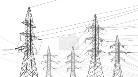 Illustration for High voltage transmission systems. Electric pole. Power lines. Energy pylons. Black outlines image. A network of interconnected electrical. Vector design illustration - Royalty Free Image