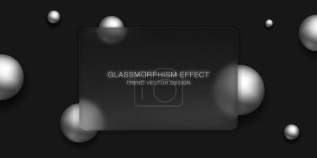 Ilustración de Modern abstraction. Glassmorphism trend design. 3d Spheres and glass panel. Monochome illustration. Dark background. Vector art - Imagen libre de derechos