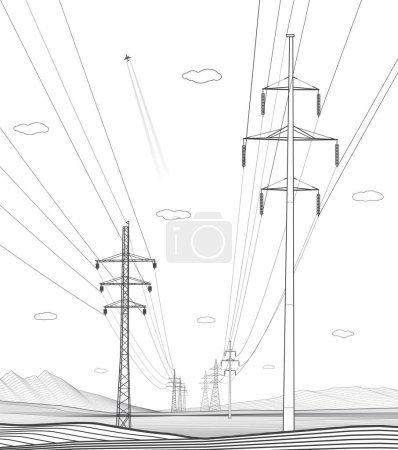 Illustration for High voltage transmission systems. Electric pole. Power lines. Energy pylons. Black outlines image. A network of interconnected electrical. Vector design illustration - Royalty Free Image