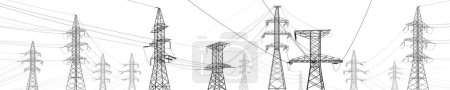 Illustration for High voltage transmission systems. Electric pole. Power lines. A network of interconnected electrical. Energy pylons. City electricity infrastructure. Gray otlines on white background. Vector design - Royalty Free Image