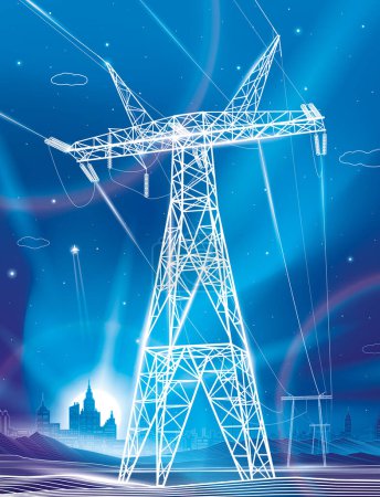 Illustration for High voltage transmission systems. Electric pole. Neon glow. Energy pylons. Power lines. A network of interconnected electrical. White otlines on blue background. Vector design illustration - Royalty Free Image