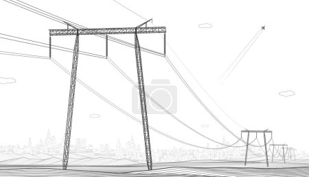 Photo for High voltage transmission systems. Electric pole. Power lines. A network of interconnected electrical. Energy pylons. City electricity infrastructure. Gray otlines on white background. Vector design - Royalty Free Image