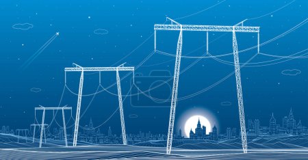 Illustration for High voltage transmission systems. Electric pole. Power lines. A network of interconnected electrical. Energy pylons. City electricity infrastructure. White otlines on blue background. Vector design - Royalty Free Image