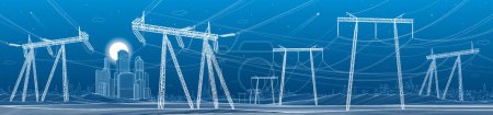 Photo for High voltage transmission systems. Electric pole. Power lines. A network of interconnected electrical. Energy pylons. City electricity infrastructure. White otlines on blue background. Vector design - Royalty Free Image