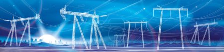 Photo for High voltage transmission system. Electricity. Neon glow. City energy infrastructure. Night landscape. Power lines. Network interconnected electrical. White otlines on blue background. Vector design - Royalty Free Image