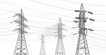 Illustration for High voltage transmission systems. Electric pole. Power lines. A network of interconnected electrical. Energy pylons. City electricity infrastructure. Gray otlines on white background. Vector design - Royalty Free Image