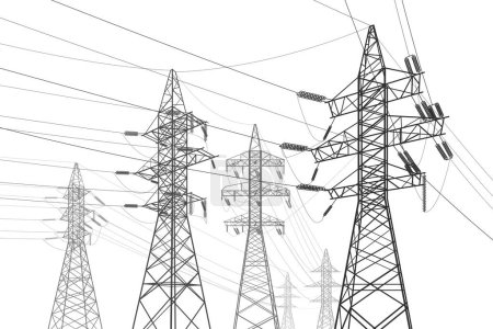 Hochspannungsübertragungssysteme. Strommast. Stromleitungen. Ein Netzwerk vernetzter Elektrizität. Strommasten. Städtische Elektrizitätsinfrastruktur. Graue Linien auf weißem Hintergrund. Vektordesign