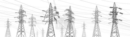 Photo for High voltage transmission systems. Electric pole. Power lines. A network of interconnected electrical. Energy pylons. City electricity infrastructure. Gray otlines on white background. Vector design - Royalty Free Image
