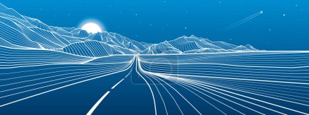Photo for Road in the mountains. Outline illustration on blue background. Night landscape. Snow hills. Moon and stars. Vector design art - Royalty Free Image