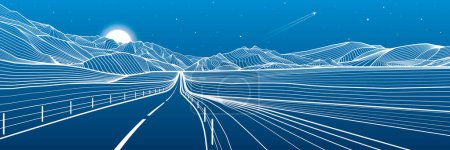 Photo for Road in the mountains. Night highway. Outline illustration on blue background. Snow hills. Moon and stars. Vector design art landscape - Royalty Free Image