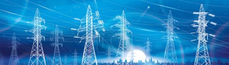 Photo for High voltage transmission system. Electricity. Neon glow. City energy infrastructure. Night landscape. Power lines. Network interconnected electrical. White otlines on blue background. Vector design - Royalty Free Image