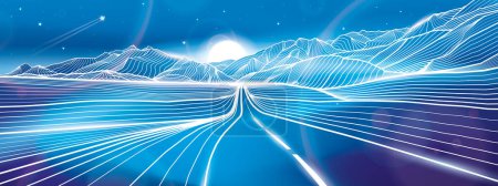 Photo for Road in the mountains. Night landscape. Outline illustration on blue background. Neon glow illumination. Amazing moonlight. Snow hills. Vector design art. - Royalty Free Image