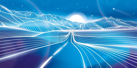 Photo for Road in the mountains. Night landscape. Outline illustration on blue background. Neon glow illumination. Amazing moonlight. Snow hills. Vector design art - Royalty Free Image