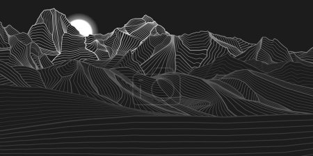 Photo for Abstract mountains outline illustration. Dark night landscape. Himalayas. Snow hills. White line on black background. Vector design art - Royalty Free Image