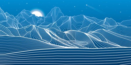Photo for Mountains outline illustration. Night landscape. Himalayas. Snow hills.  Moon and stars. Vector design art - Royalty Free Image