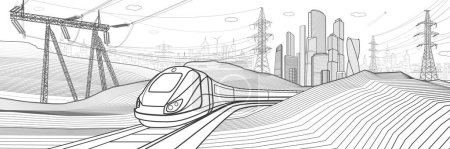 Photo for Modern town. Train rides. Power lines. City Infrastructure and transport illustration. Urban scene. Vector design art. Gray outlines on white background - Royalty Free Image