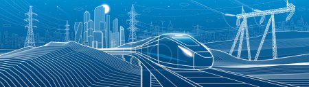 Photo for Modern night town. Train rides. Power lines. City Infrastructure and transport illustration. Urban scene. Vector design art. White outlines on blue background - Royalty Free Image