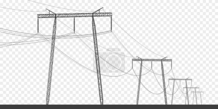 Illustration for High voltage transmission systems. Electric pole. Power lines. A network of interconnected electrical. Energy pylons. City electricity infrastructure. black otlines on transparent background - Royalty Free Image