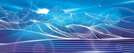 Photo for Mountains night landscape panoramic. Outline illustration on blue background. Neon glow illumination. Amazing moonlight. Snow hills. Vector design art - Royalty Free Image
