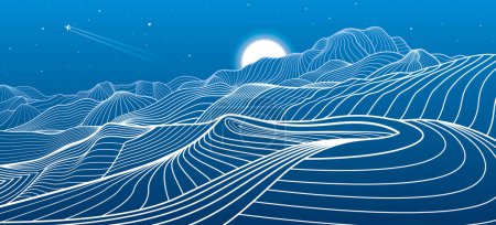 Photo for Mountains outline illustration. Night landscape. Snow hills. Moon and stars. Vector design art - Royalty Free Image