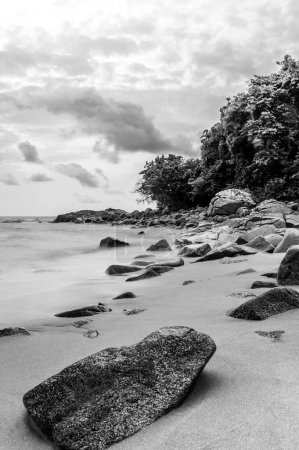 Foto de Olas de mar corriendo en la playa rocosa en blanco y negro - Imagen libre de derechos