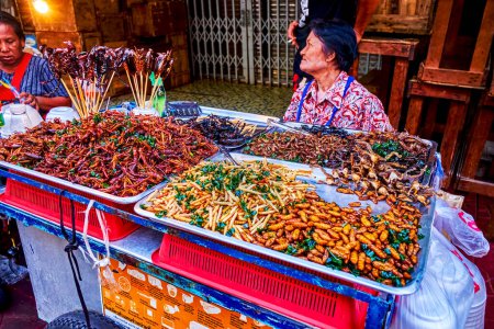 Foto de Snacks extremos de Tailandia, escorpiones y cigarras en palos, insectos y ranas a la parrilla, Chinatown en Bangkok - Imagen libre de derechos