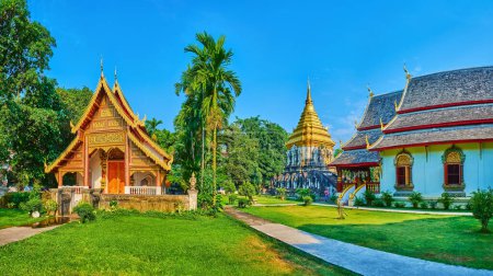 Téléchargez les photos : Panorama de l'Ubosot doré, stuc sculpté Elephant Chedi avec dessus doré, Viharn et jardin vert du temple Wat Chiang Man, Chiang Mai, Thaïlande - en image libre de droit