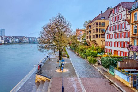 Photo for Attractive Unterer Rheinweg promenade with scenic building on the Rhine riverside, Basel, Switzerland - Royalty Free Image