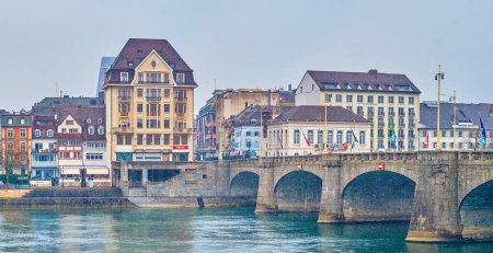 Photo for BASEL, SWITZERLAND - APRIL 1, 2022: Panorama of Altstadt Kleinbasel district with River Rhine and Mittlere Brucke, on April 1 in Basel, Switzerland - Royalty Free Image