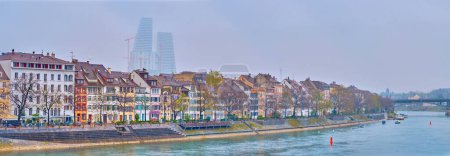 Photo for Panorama of River Rhine and historic houses of Altstadt Kleinbasel embankment, Basel, Switzerland - Royalty Free Image