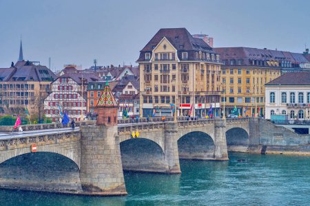 Photo for Mittlere Brucke across Rhine river with small chapel on the middle, Basel city, Switzerland - Royalty Free Image