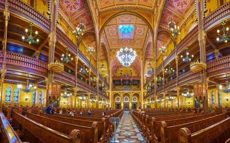 Photo for BUDAPEST, HUNGARY - FEB 22, 2022: Panorama of Moorish Revival interior of Dohany Street Synagogue, on Feb 22 in Budapest - Royalty Free Image