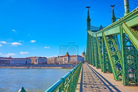 Foto de Histórico puente verde de la Libertad ricamente decorado con vistas al río Danubio y la plaza Gellert con hermosos edificios, Budapest, Hungría - Imagen libre de derechos
