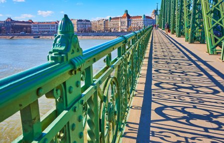 Foto de La sombra de la barandilla crea un patrón floral en la pasarela del histórico Puente de la Libertad a través del río Danubio, Budapest, Hungría - Imagen libre de derechos