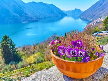 Photo for The red clay pot with purple pansies against the blue Lake Lugano and Lugano Prealps with Monte San Salvatore in background, Valsolda, Italy - Royalty Free Image