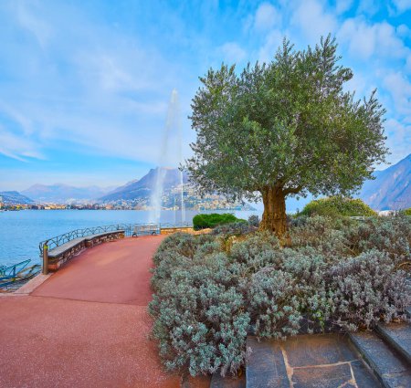 Photo for Embankment of Lake Lugano with a view on the scenic fountain, Monte Bre and lush green park on Riva Paradiso, Lugano, Switzerland - Royalty Free Image