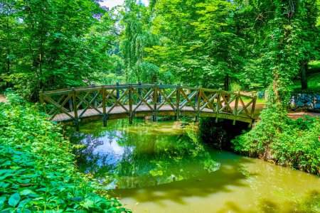 Téléchargez les photos : Le petit pont en bois entre la rivière étroite dans le parc Sofiyivka, Uman, Ukraine - en image libre de droit