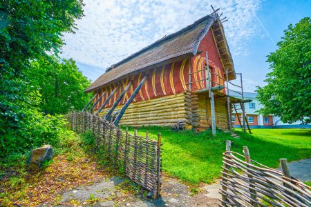 Reconstructed houses in Trypil culture museum in Talne village, Ukraine